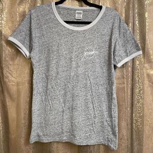 PINK Victorias Secret Heather Gray White Ringer Stretchy‎ T Shirt Large